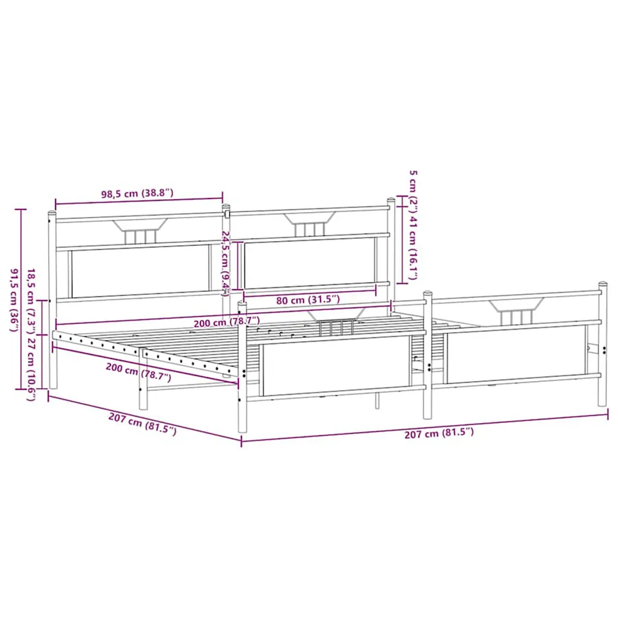 Cadre de lit en métal sans matelas chêne marron 200x200 cm - 11