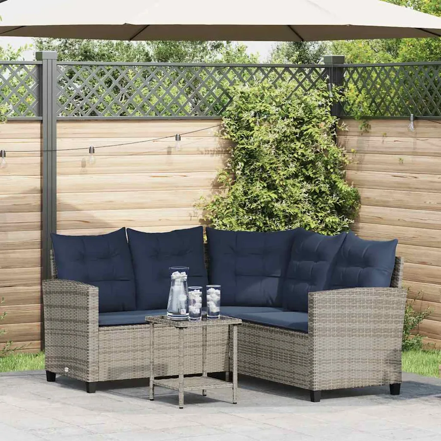 Canapé de jardin avec table et coussins en forme de L gris