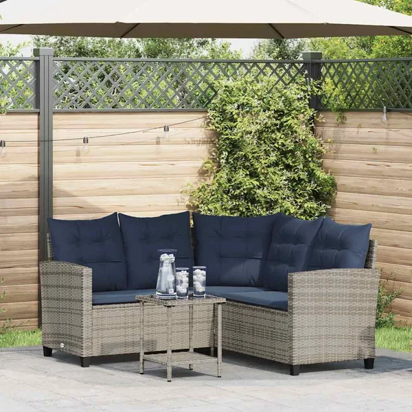 Canapé de jardin avec table et coussins en forme de L gris