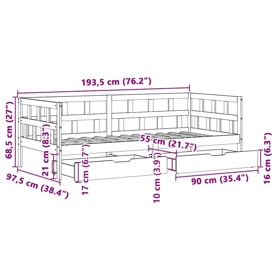 Lit de jour avec tiroirs sans matelas 90x190 cm bois massif - 12