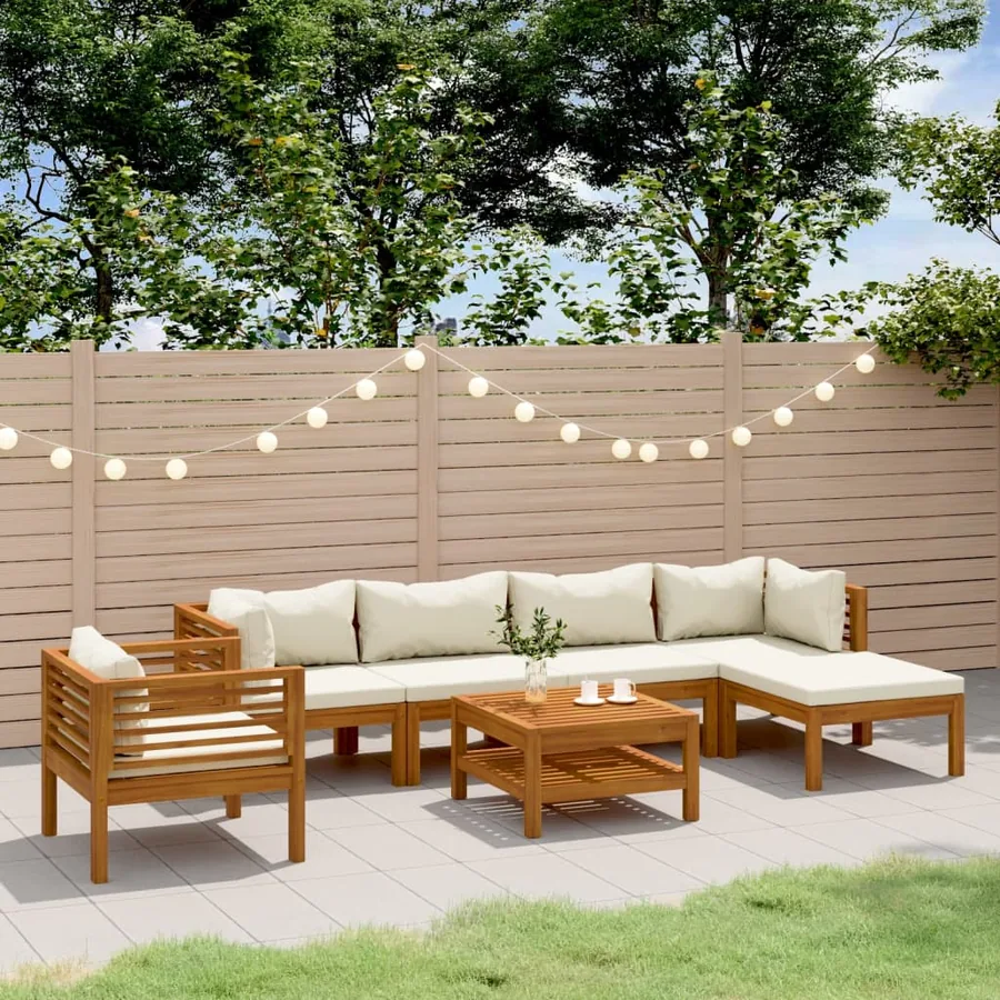 Salon de jardin 7 pcs avec coussin crème Bois d'acacia solide