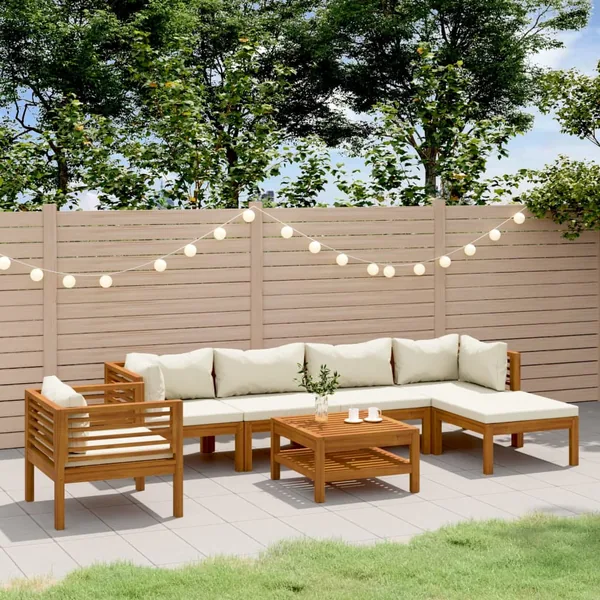 Salon de jardin 7 pcs avec coussin crème Bois d'acacia solide