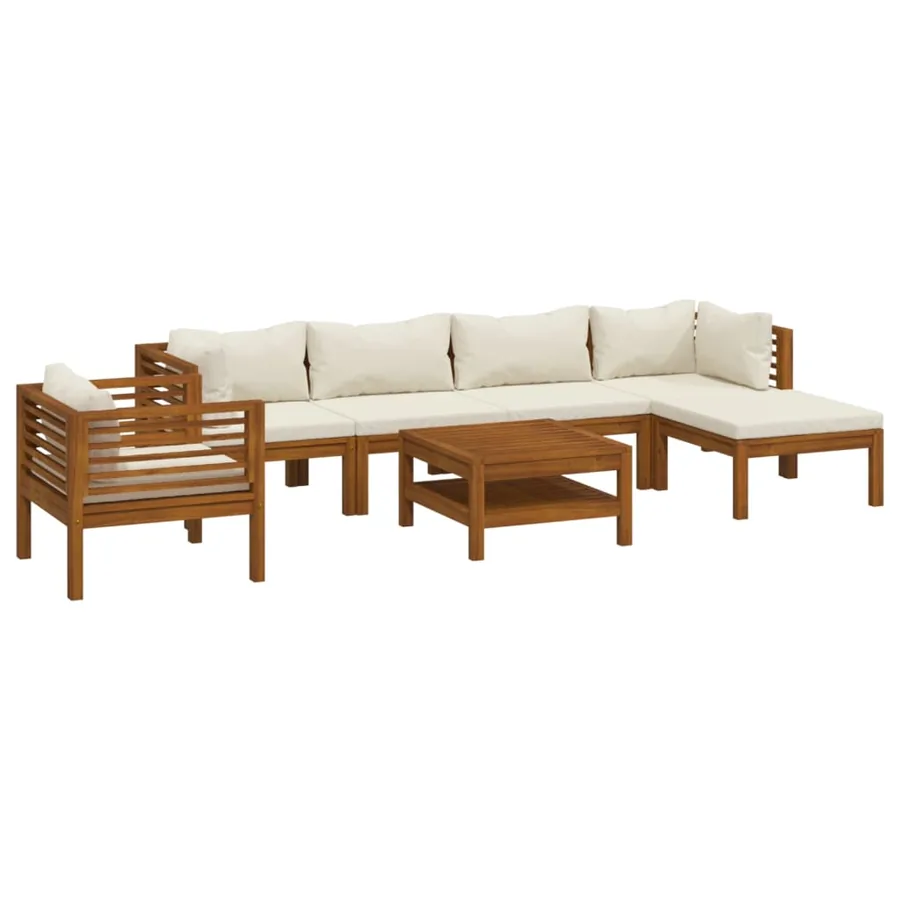 Salon de jardin 7 pcs avec coussin crème Bois d'acacia solide - 2
