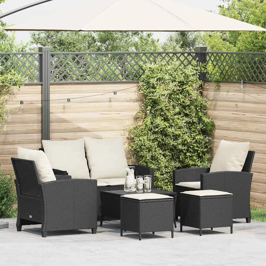 Ensemble de canapé de jardin 6 pcs avec coussins noir résine tressée