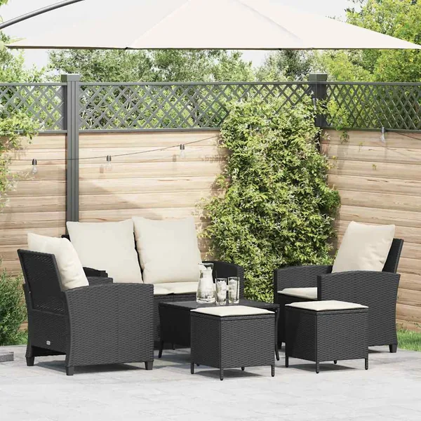 Ensemble de canapé de jardin 6 pcs avec coussins noir résine tressée