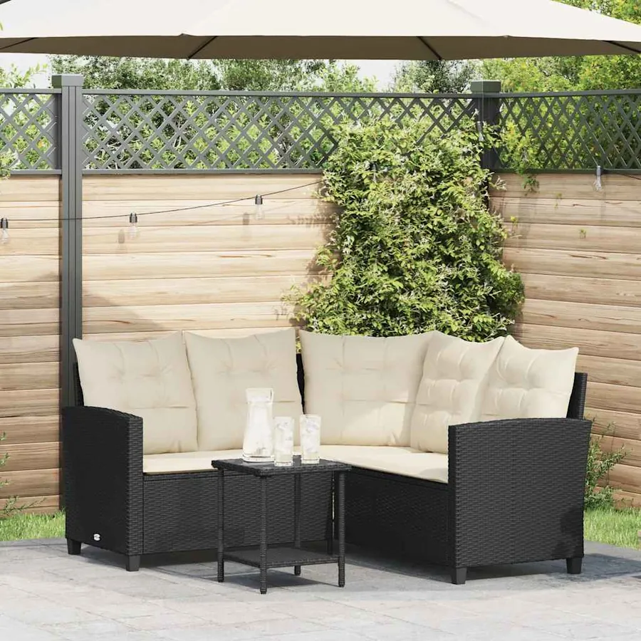Canapé de jardin en L avec table et coussins noir résine tressée