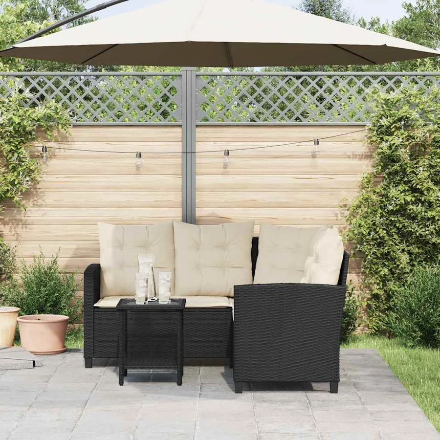 Canapé de jardin en L avec table et coussins noir résine tressée - 3
