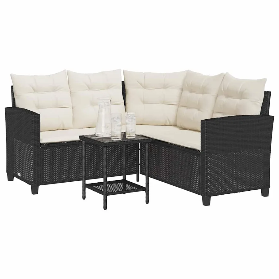 Canapé de jardin en L avec table et coussins noir résine tressée - 4