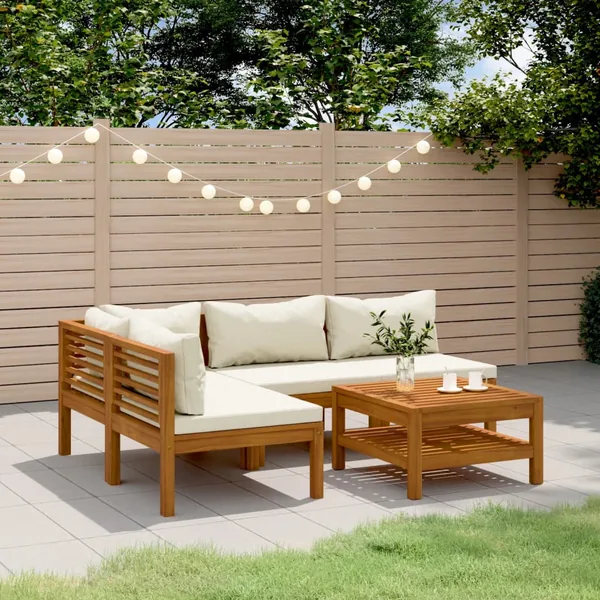 Salon de jardin 5 pcs avec coussin crème Bois d'acacia solide