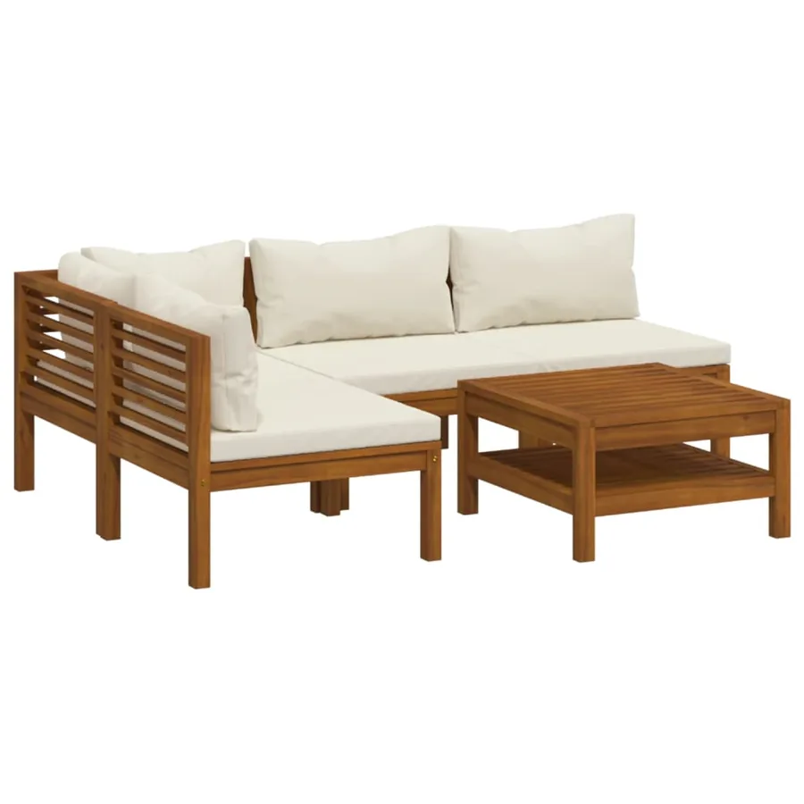 Salon de jardin 5 pcs avec coussin crème Bois d'acacia solide - 2