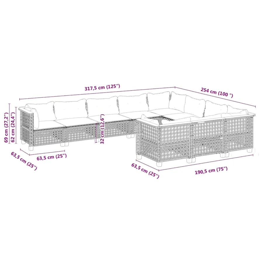 Salon de jardin avec coussins 10 pcs beige résine tressée - 6