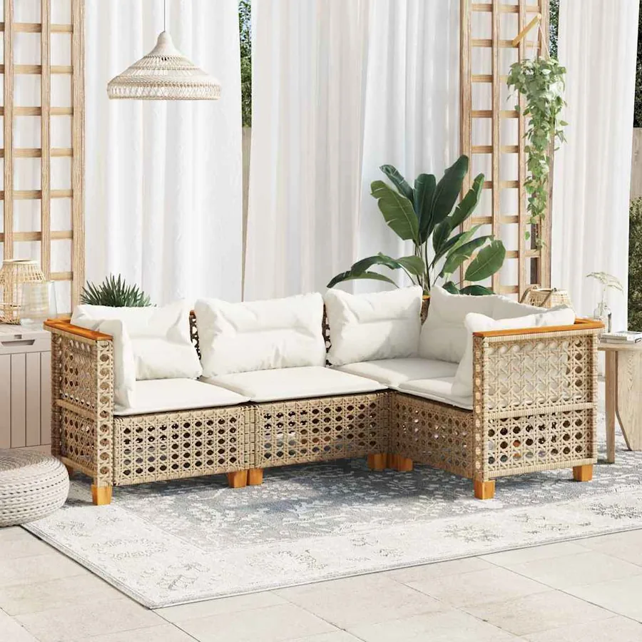 Salon de jardin avec coussins 4 pcs beige résine tressée
