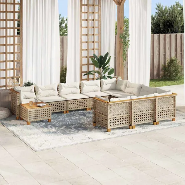 Salon de jardin 11 pcs avec coussins beige résine tressée