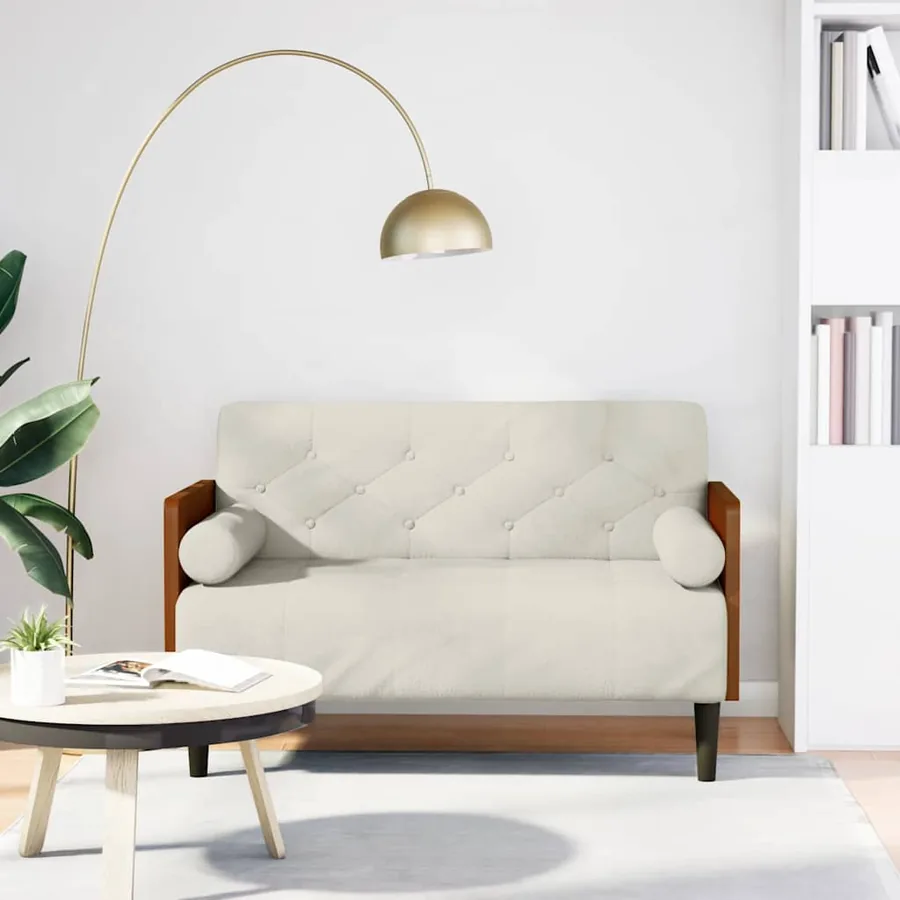 Canapé deux places avec coussins cylindriques couleur crème 110 cm velours