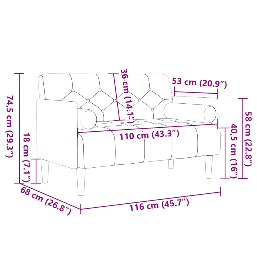 Canapé deux places avec coussins cylindriques couleur crème 110 cm velours - 8
