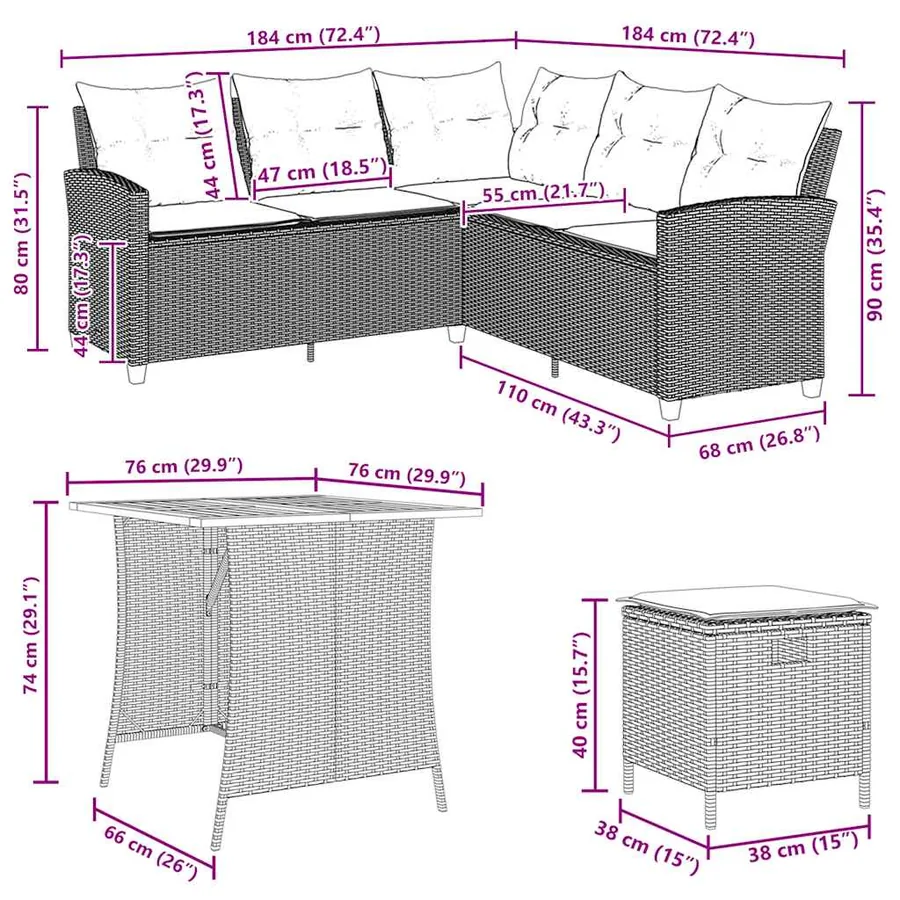 Ensemble de canapé de jardin 6 pcs avec coussins en forme de L noir résine tressée - 10
