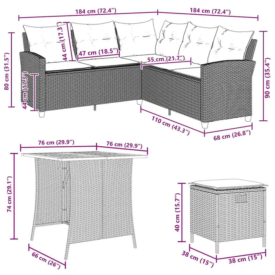 Ensemble de canapé de jardin 6 pcs avec coussins en forme de L beige résine tressée - 10