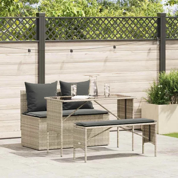 Ensemble à manger de jardin 3pcs coussins gris clair poly rotin