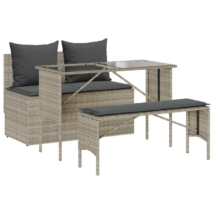 Ensemble à manger de jardin 3pcs coussins gris clair poly rotin - 2