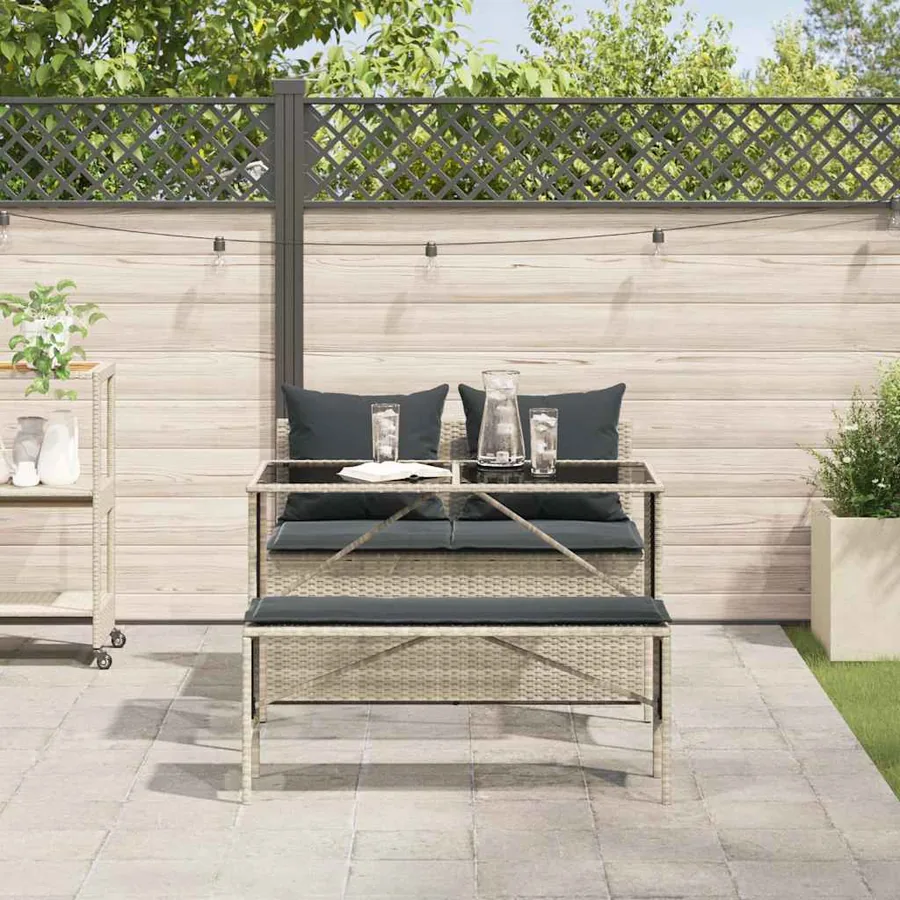 Ensemble à manger de jardin 3pcs coussins gris clair poly rotin - 3