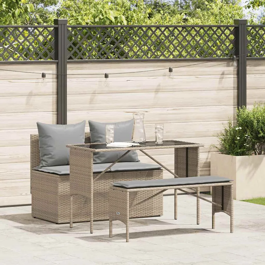 Ensemble à manger de jardin et coussins 3 pcs Beige poly rotin