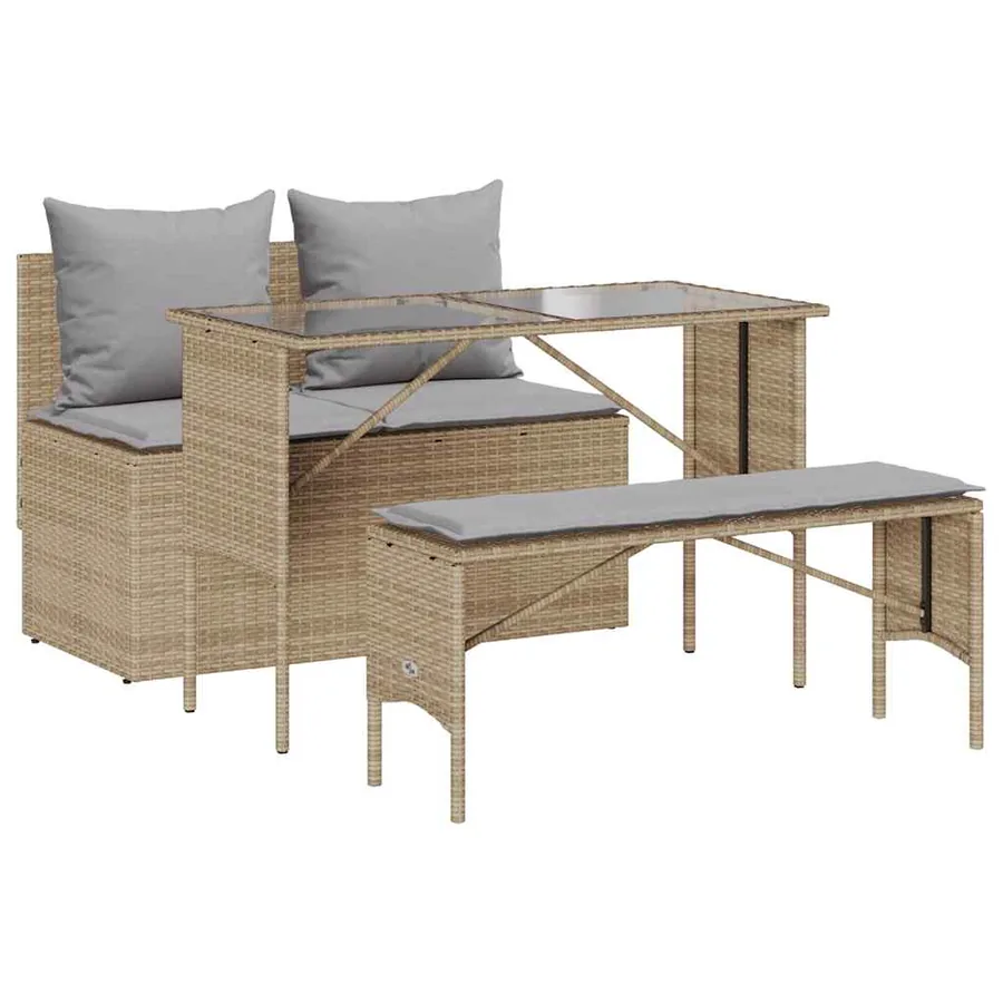 Ensemble à manger de jardin et coussins 3 pcs Beige poly rotin - 2