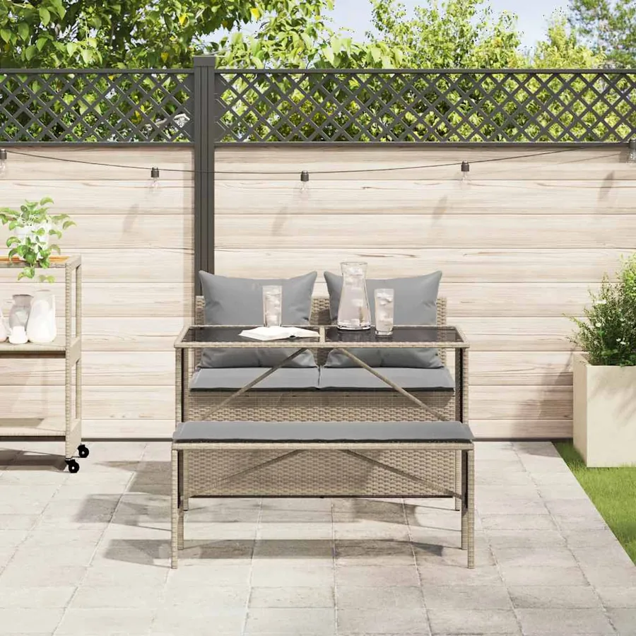 Ensemble à manger de jardin et coussins 3 pcs Beige poly rotin - 3