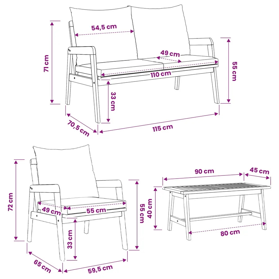 Ensemble bistrot avec coussin 4 pcs Marron Bois d'Acacia Massif - 8