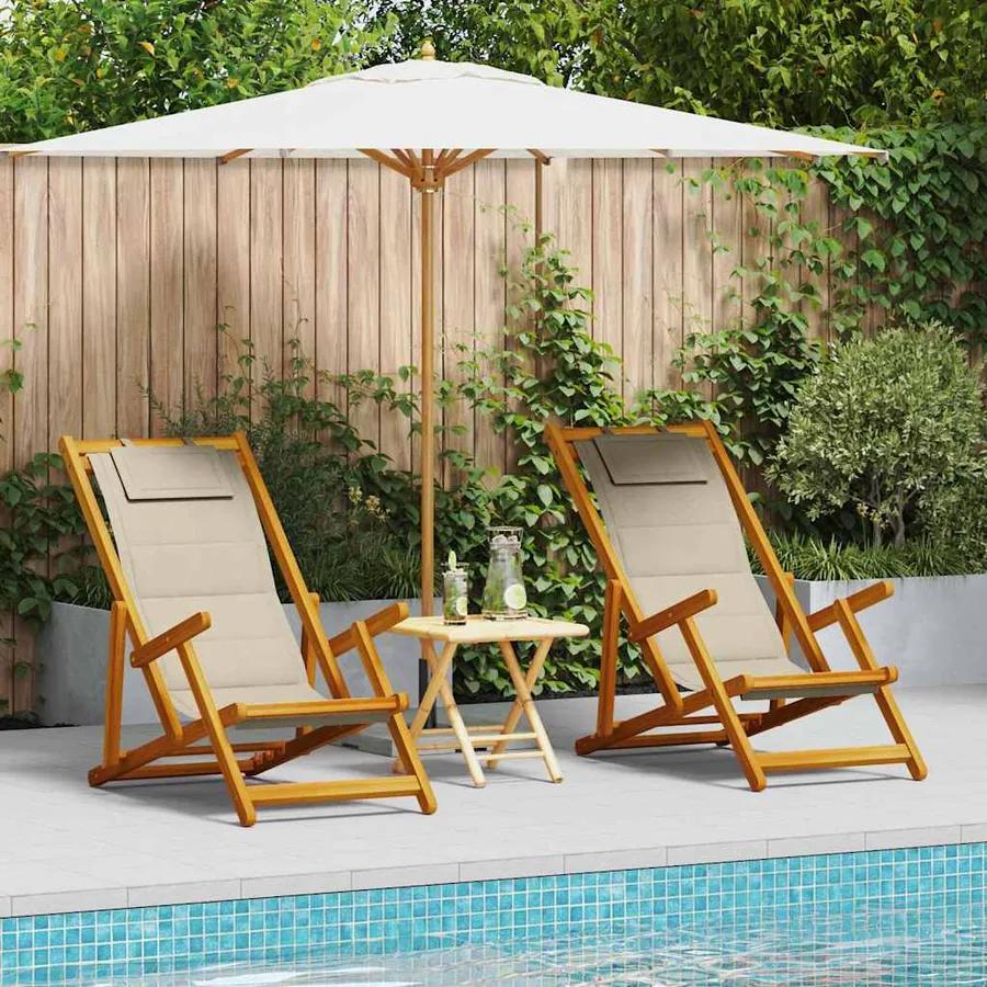 Chaise de plage avec coussin 2 pcs Marron Bois d'Acacia Massif