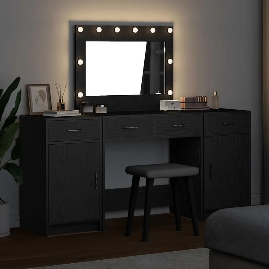 Table de Toilette avec tiroir 3 pcs Noir Bois d'ingénierie - 4