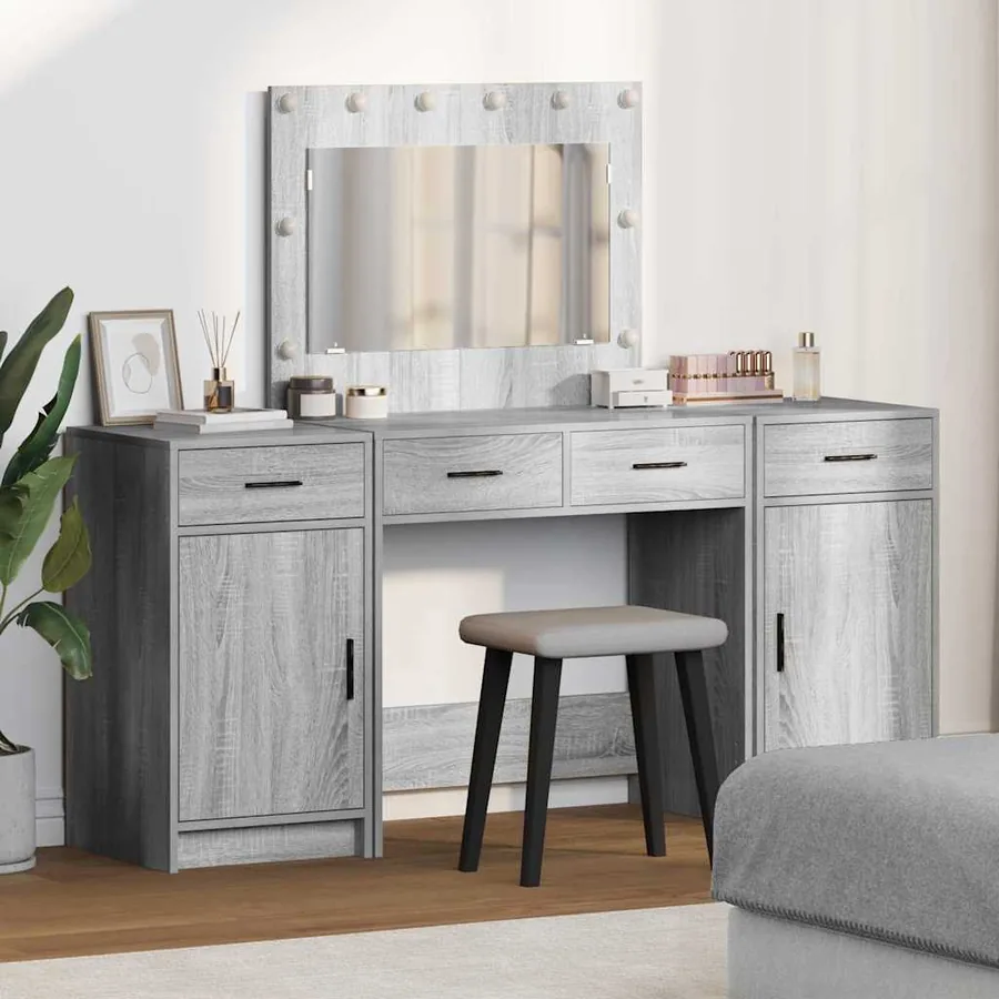 Table de Toilette avec tiroir 3 pcs Gris Bois d'ingénierie