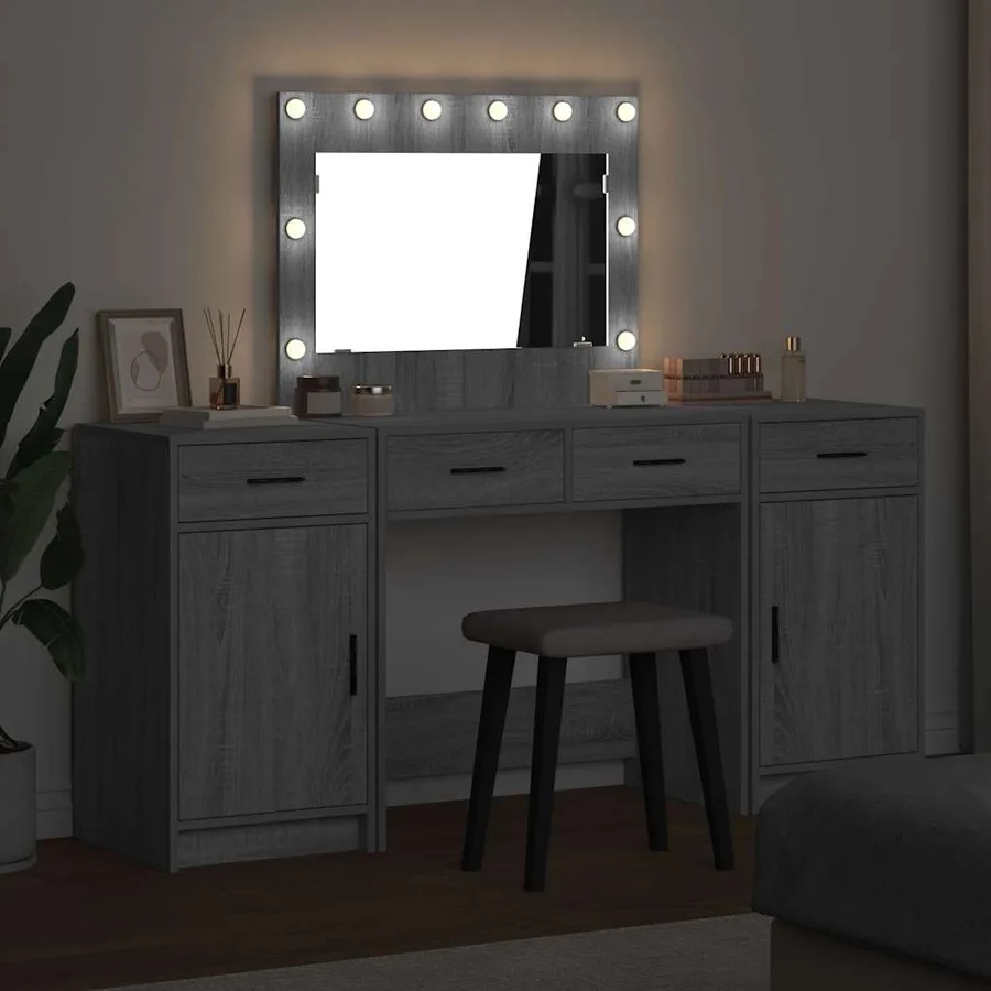 Table de Toilette avec tiroir 3 pcs Gris Bois d'ingénierie - 4