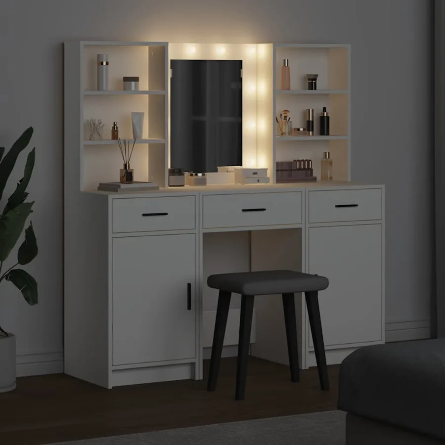 Ensemble de table de maquillage avec LED avec porte 3 pcs Blanc - 4