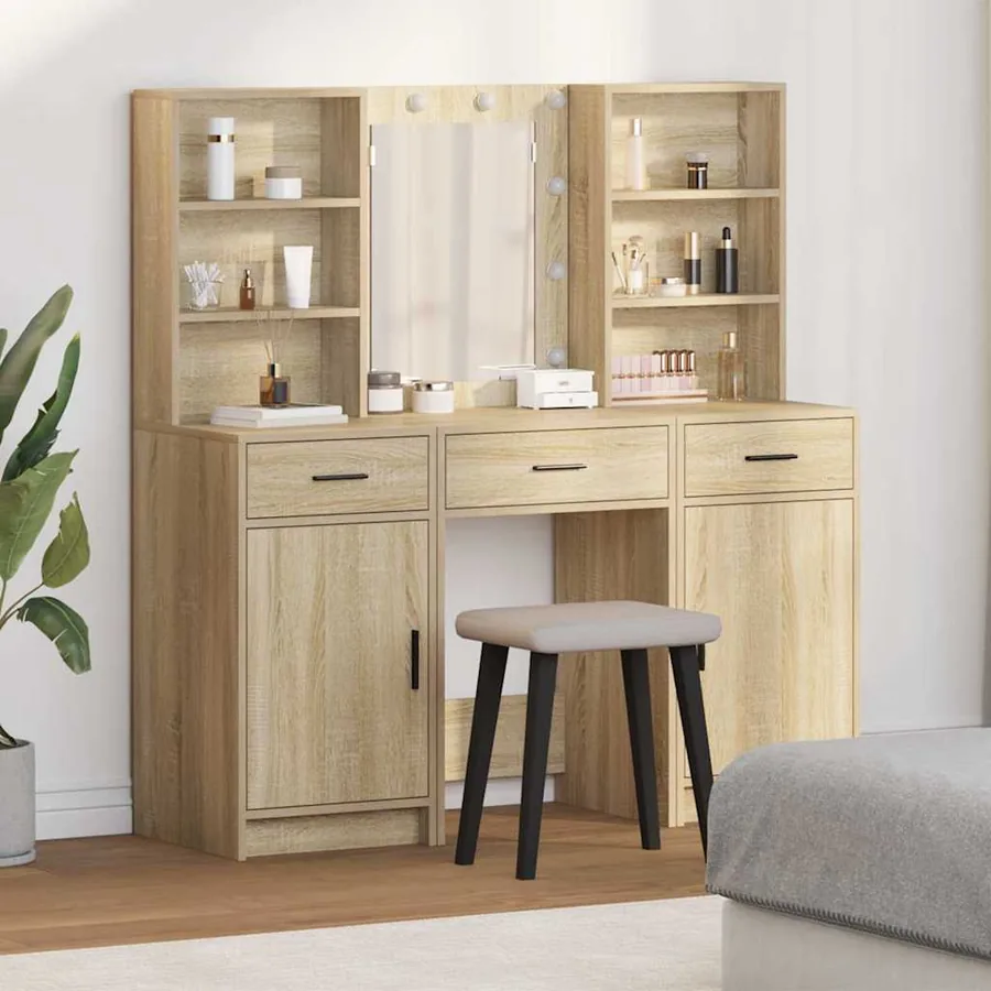 Ensemble de table de maquillage avec LED 3 pcs Chêne Sonoma