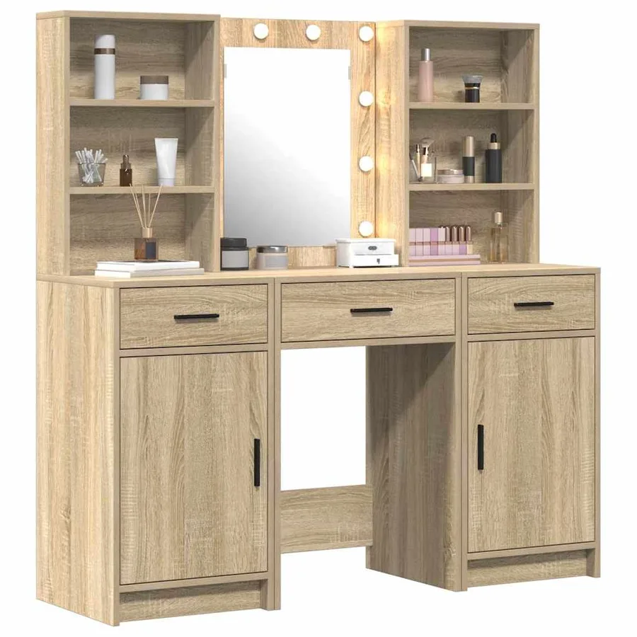 Ensemble de table de maquillage avec LED 3 pcs Chêne Sonoma - 3