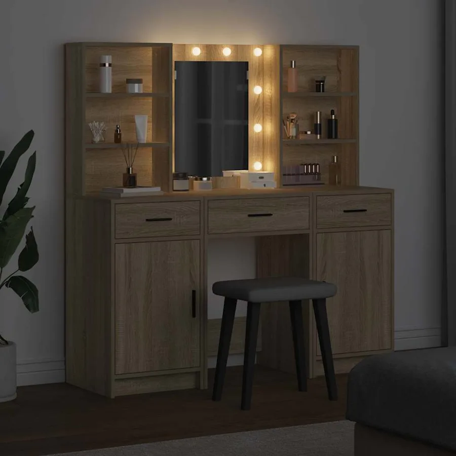 Ensemble de table de maquillage avec LED 3 pcs Chêne Sonoma - 4