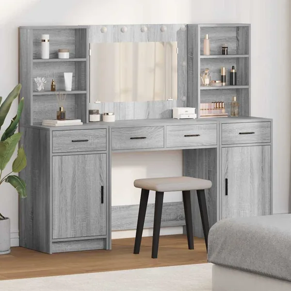 Ensemble de table de maquillage avec LED 3 pcs Gris Sonoma