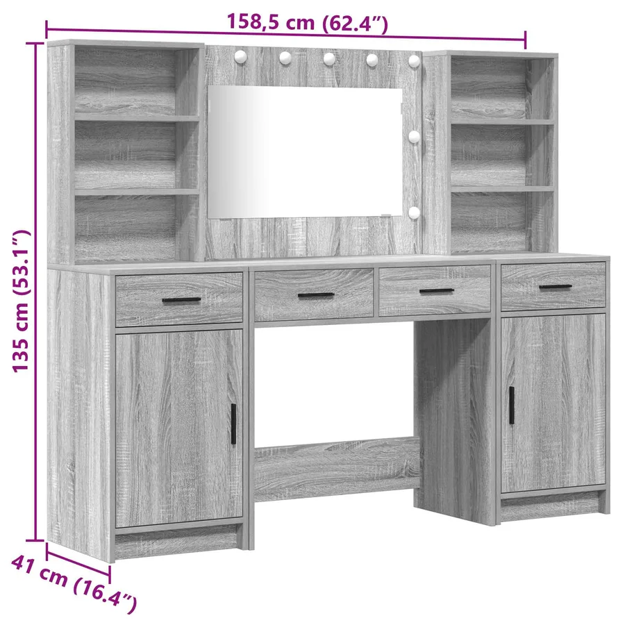 Ensemble de table de maquillage avec LED 3 pcs Gris Sonoma - 15
