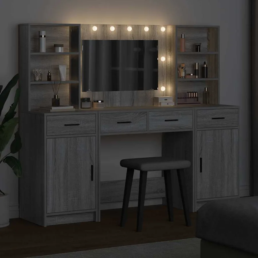 Ensemble de table de maquillage avec LED 3 pcs Gris Sonoma - 4