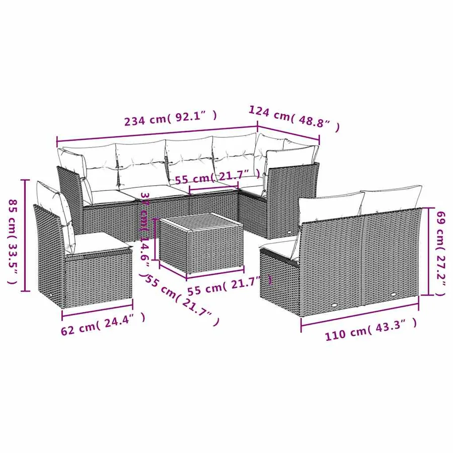Salon de jardin 9 pcs avec coussins gris résine tressée - 10