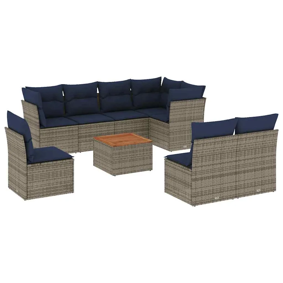 Salon de jardin 9 pcs avec coussins gris résine tressée - 2