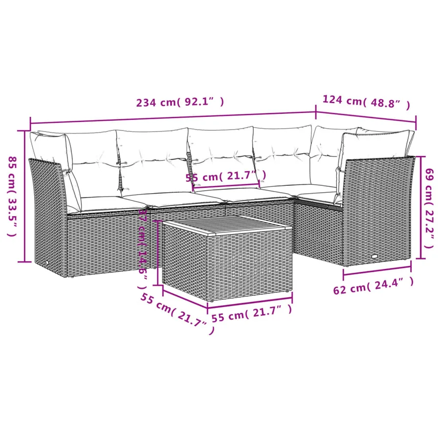 Salon de jardin 6 pcs avec coussins gris résine tressée - 10