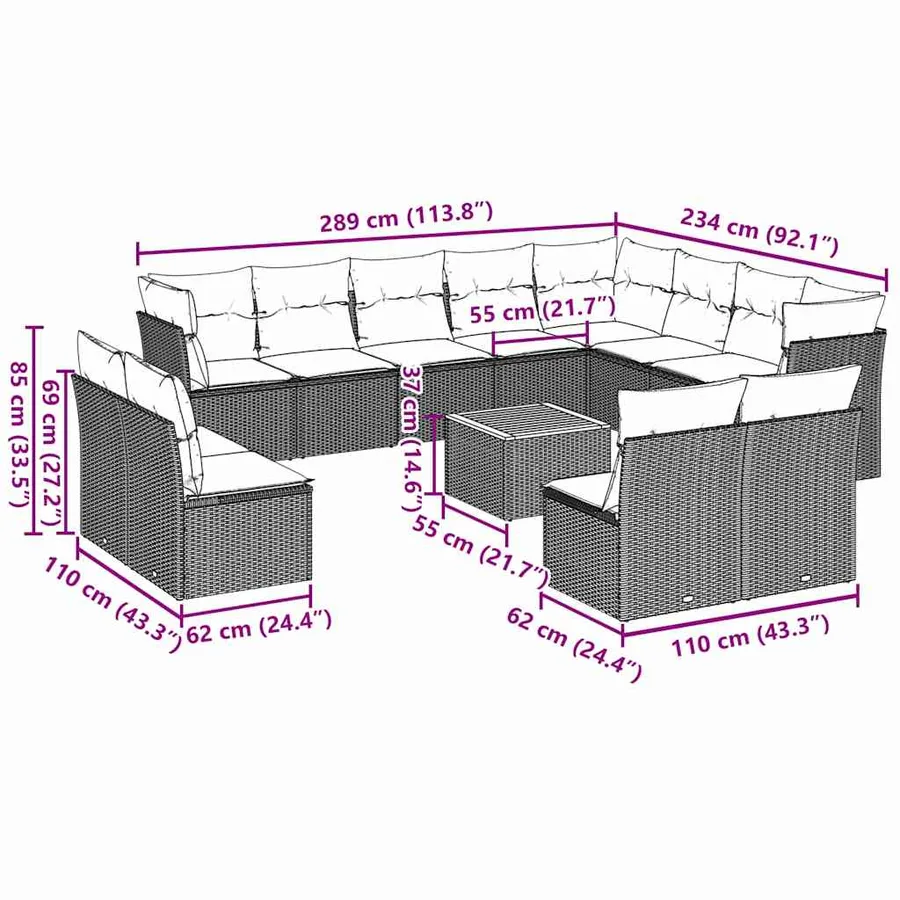 Salon de jardin avec coussins 13 pcs gris résine tressée - 10