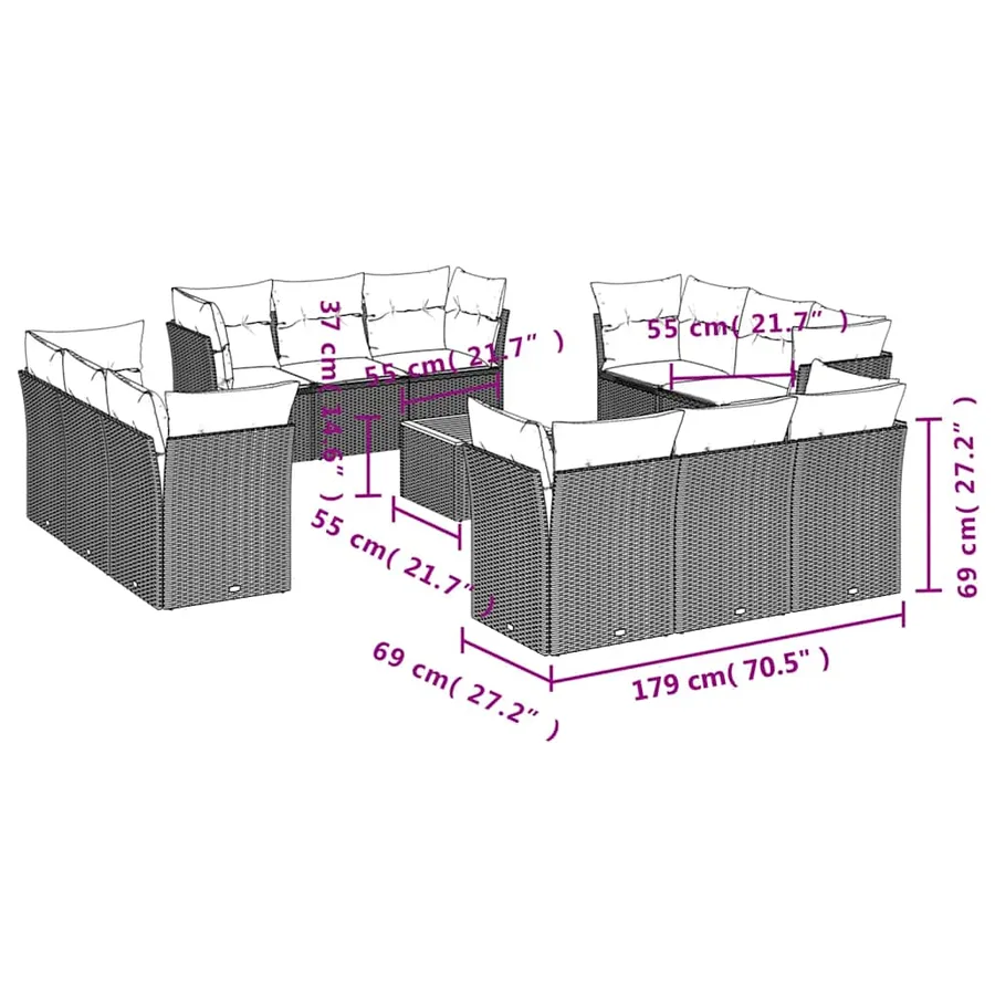 Salon de jardin avec coussins 13 pcs gris résine tressée - 10