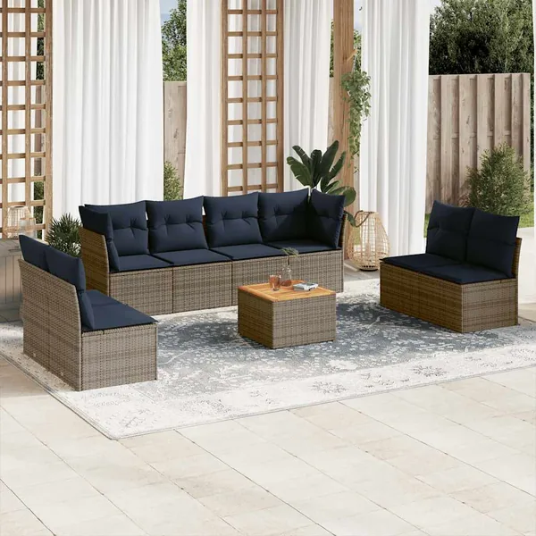 Salon de jardin 9 pcs avec coussins gris résine tressée