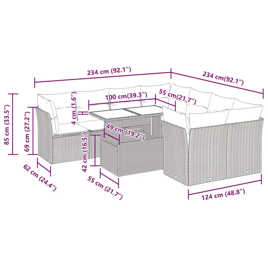 Salon de jardin avec coussins 9 pcs gris résine tressée acacia - 11