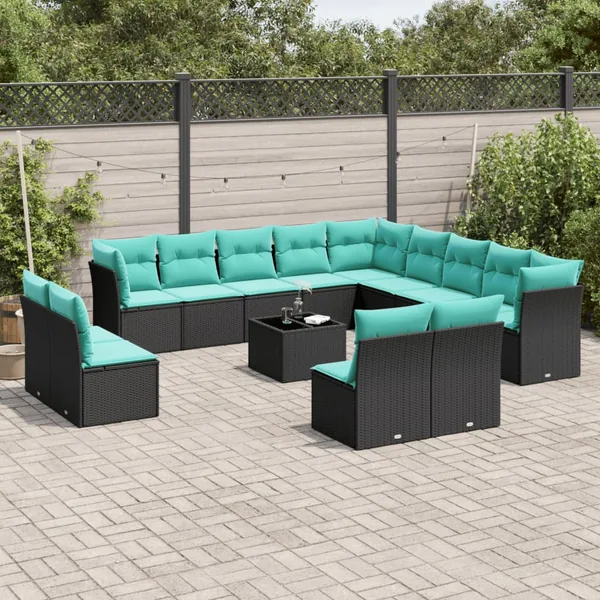 Ensemble de canapé de jardin 14 pcs avec coussins noir résine tressée