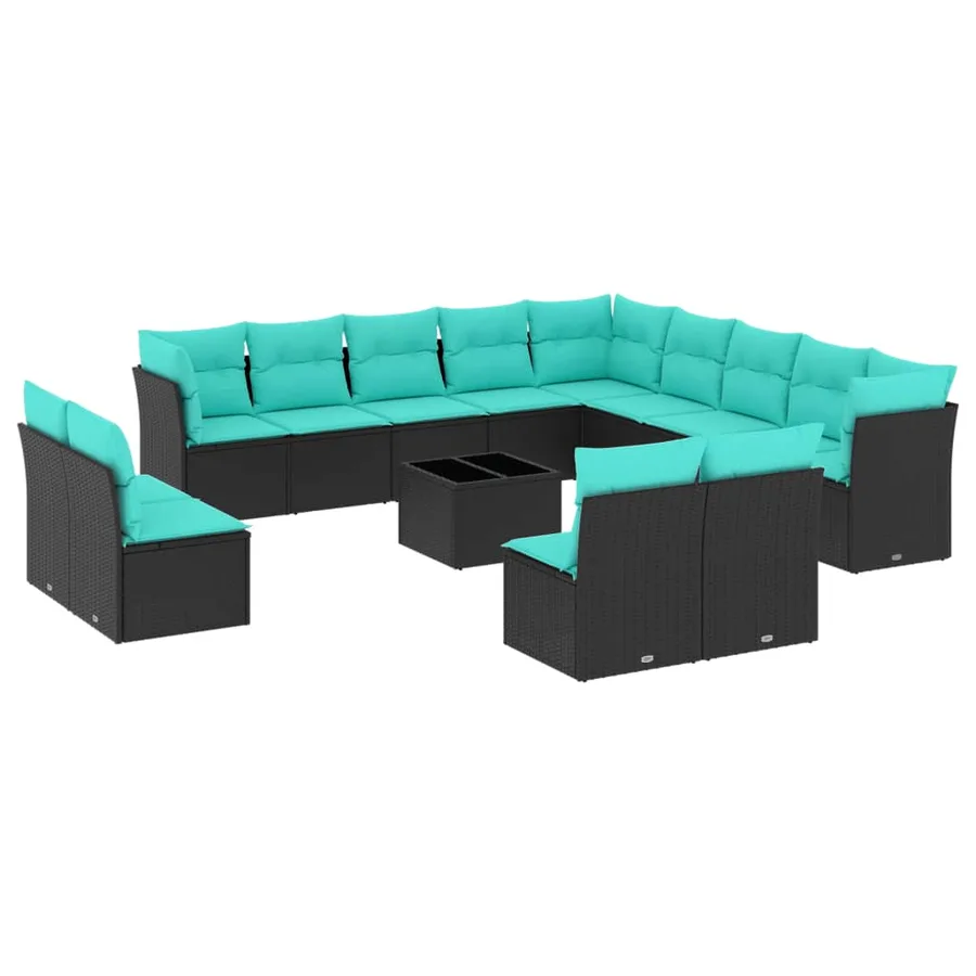 Ensemble de canapé de jardin 14 pcs avec coussins noir résine tressée - 2