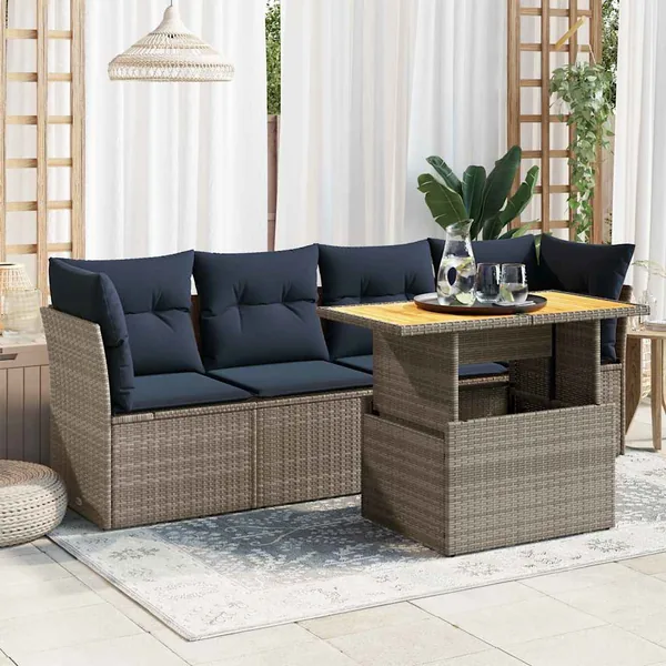 Salon de jardin 5 pcs avec coussins gris résine tressée