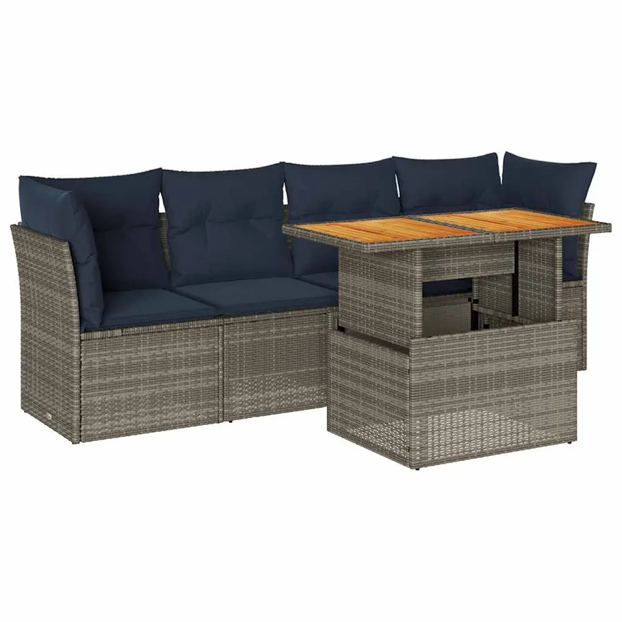 Salon de jardin 5 pcs avec coussins gris résine tressée - 2